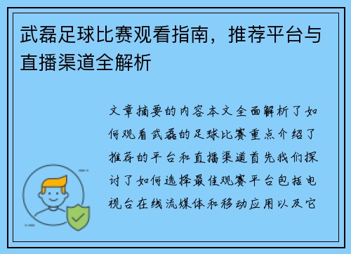 武磊足球比赛观看指南，推荐平台与直播渠道全解析